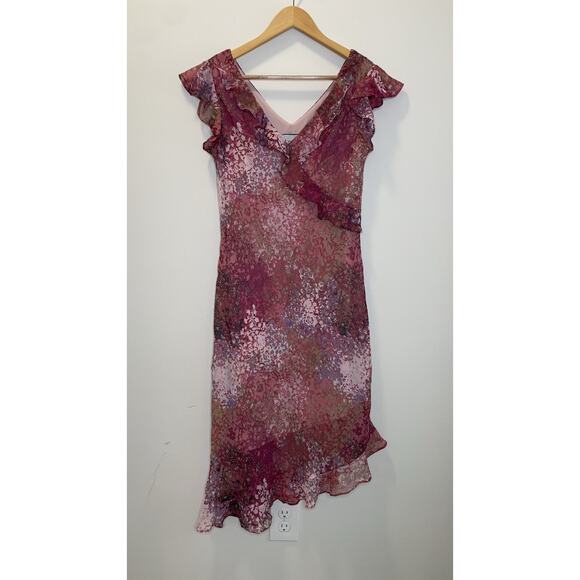 Breakin' Loose Dresses & Skirts - Breakin' Loose Y2K 90s Pink Floral Ruffle V-Neck Asymetrical Midi Dress Sz 9/10